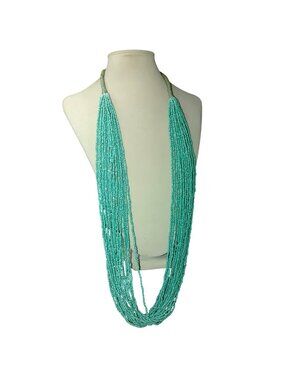 Necklace Turquoise 20 Strand Seed Beaded Hand Crafted Crocheted Neckband Vintage